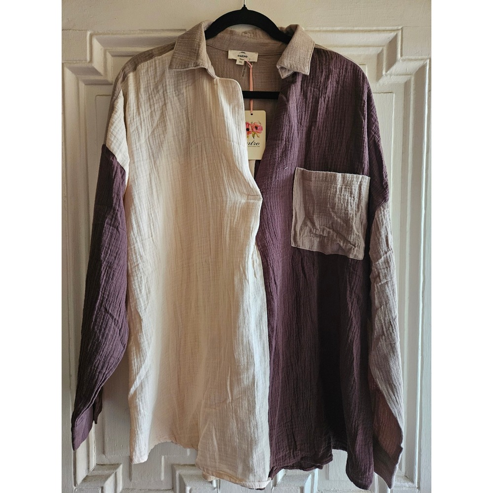 Entro Women Colorblock Gauze Cotton Blouse Split Neck Button Back Top XL T21657P